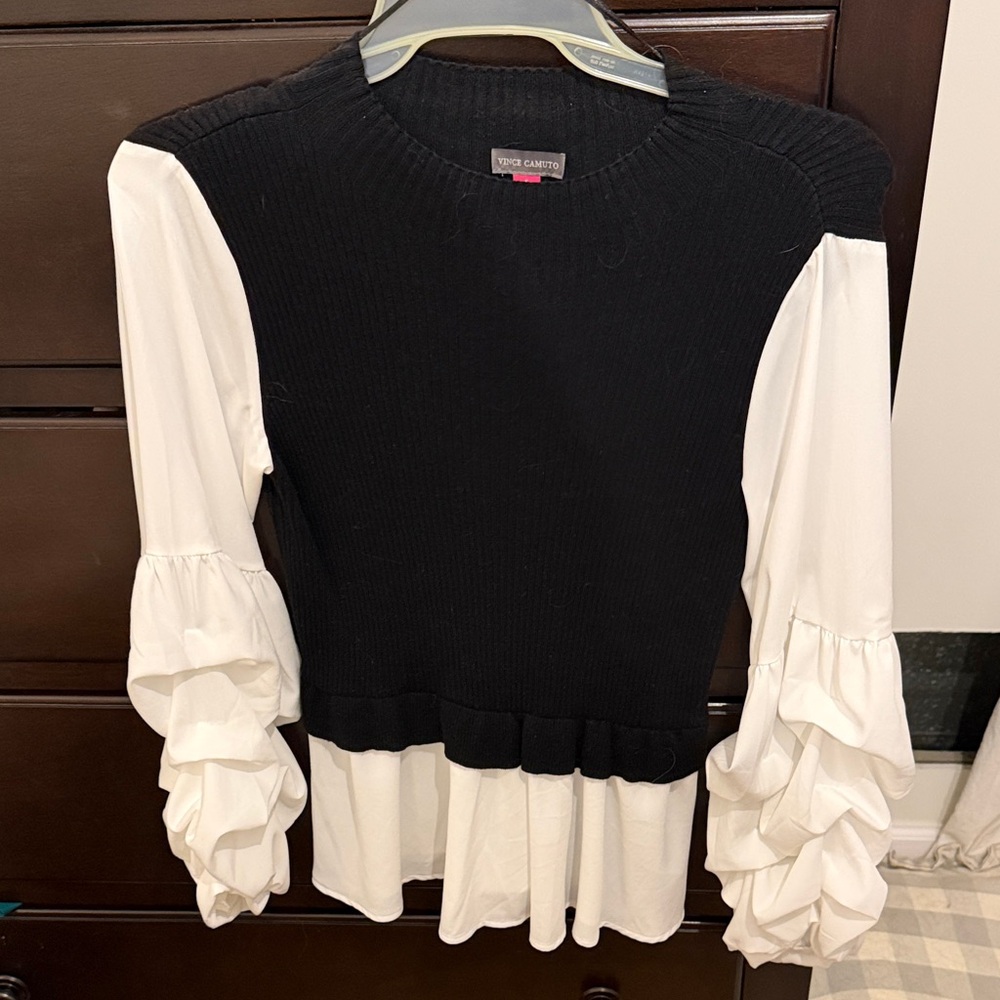 Vince Camuto Black Bodice Sweater with White Ruffle Sleeves